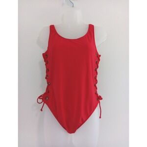 Vintage 80s Womens One Piece Swimsuit 12 Red High‎ Cut Sexy Baywatch Open Sides